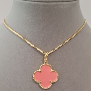 Pink enamel four leafs flower necklace